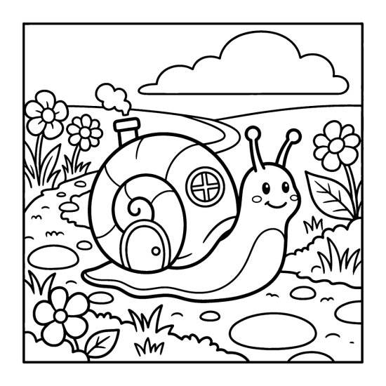 A snail carrying a shell house with a chimney past flowers and a cloud, coloring page