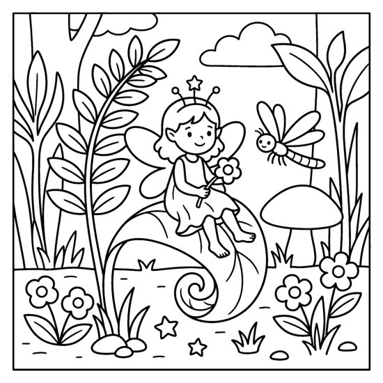 A winged fairy sitting on a curled leaf near a dragonfly and mushroom, coloring sheet