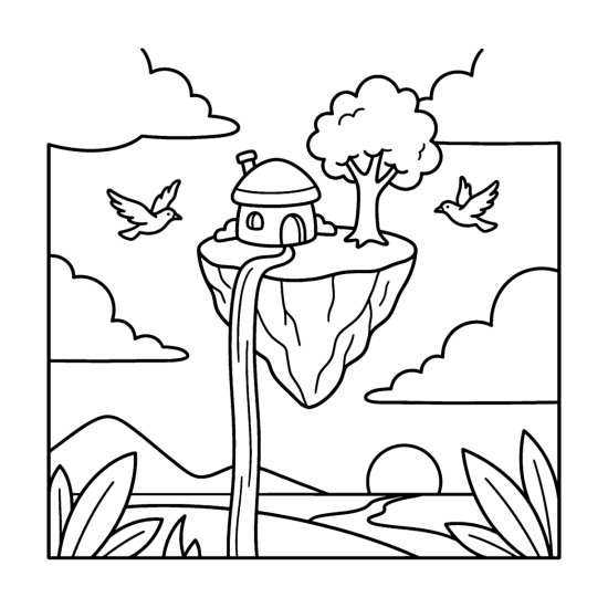 A floating island with a house, tree and waterfall among clouds, bold and easy