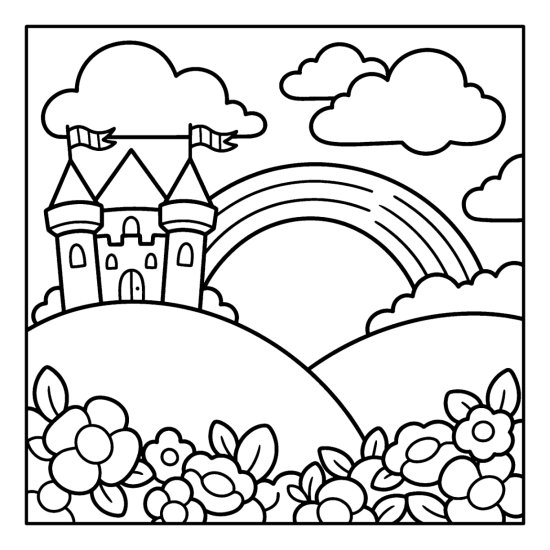 A castle on a hill with a rainbow arching to another hill and flowers, coloring page