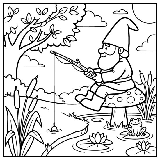 A gnome fishing from a toadstool at a pond with cattails and a frog, coloring sheet