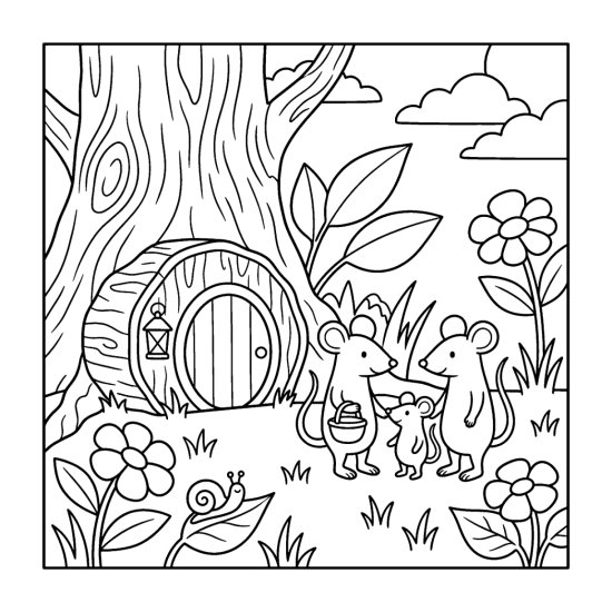 A mouse family by a log door at a tree base with flowers and a snail, bold and easy