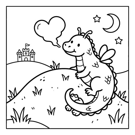 A small dragon curled on a hill puffing a heart cloud under a moon, coloring page