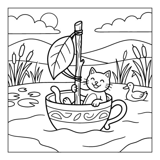 A cat sailing a teacup boat with a leaf sail past cattails and a duck, coloring sheet