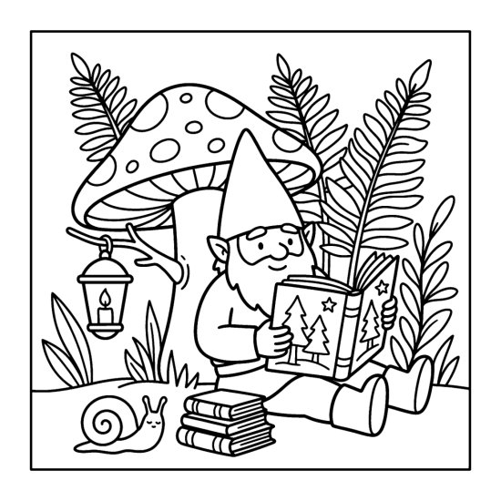 A gnome reading a storybook against a mushroom with a lantern and snail, bold and easy