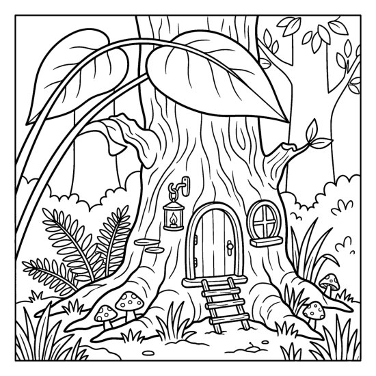 A fairy house built into a tree trunk with a ladder and lantern, coloring sheet