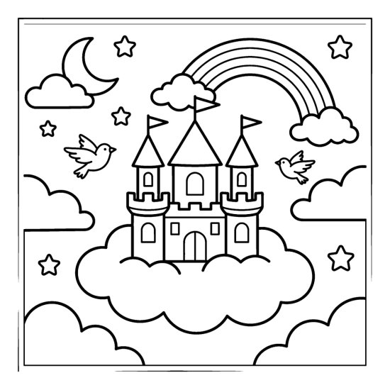 A castle on a cloud with flags, a rainbow, birds and stars in the sky, coloring page