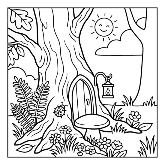 A tiny fairy door in an oak trunk with a lantern, toadstool and ladybug, coloring sheet