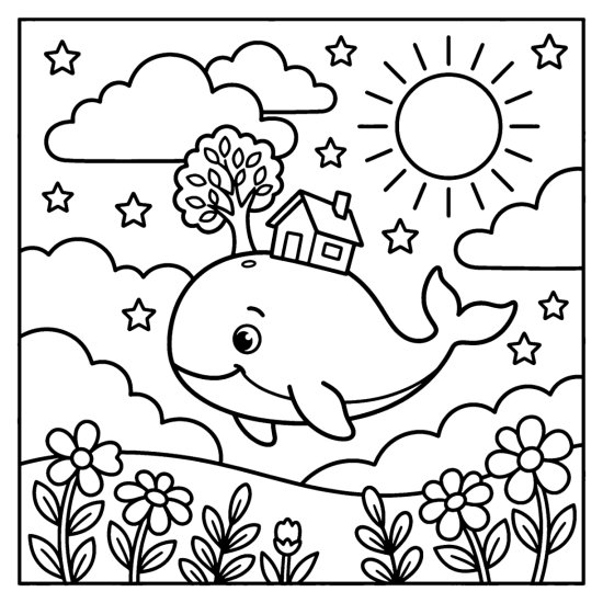 A whale floating in the sky with a house and tree on its back and stars, bold and easy