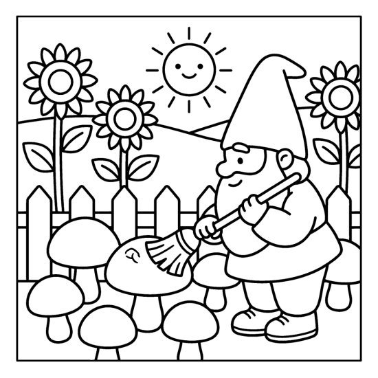 A gnome sweeping a patch of toadstools by a fence with sunflowers, coloring page