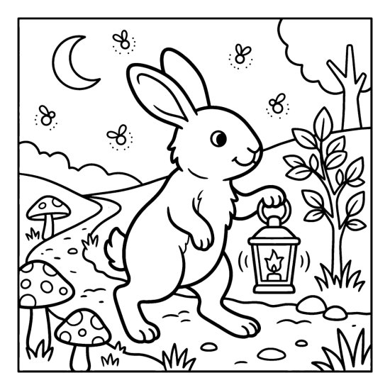 A bunny walking at dusk holding a lantern past toadstools with fireflies, coloring sheet