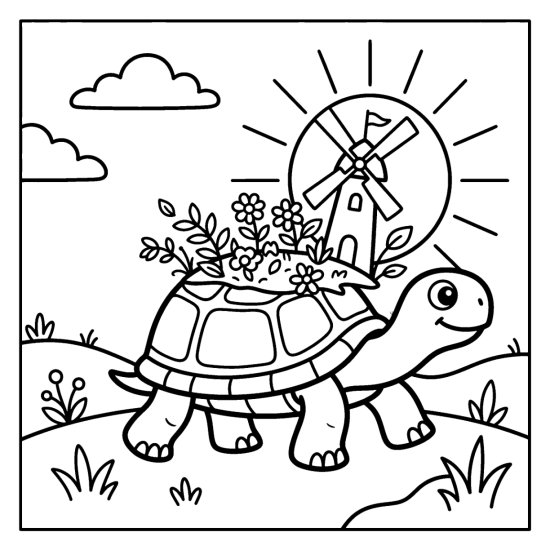 A tortoise carrying a flower garden and windmill on its shell over hills, bold and easy