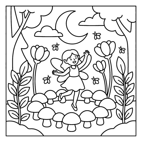 A fairy dancing in a ring of toadstools with tulips and a crescent moon, coloring page