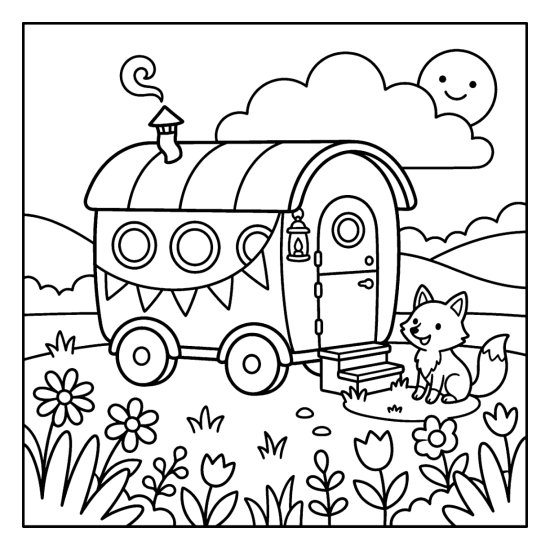 A caravan wagon with bunting and a lantern in a flowery meadow with a fox, coloring sheet