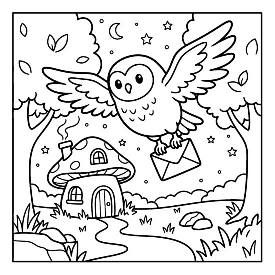 An owl flying with an envelope over a mushroom cottage under stars, bold and easy