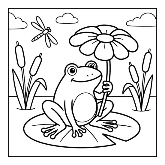 A frog on a lily pad holding a flower umbrella with a dragonfly and cattails, coloring page