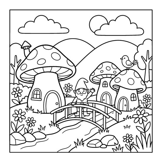 A village of mushroom houses linked by a bridge with a gnome, bold and easy