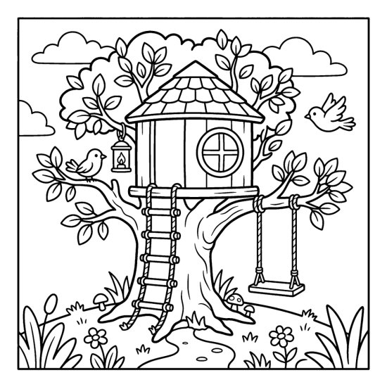A round treehouse with a ladder, swing and birds in a leafy tree, coloring sheet