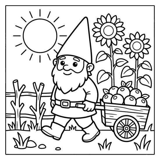 A gnome pulling a cart of berries past sunflowers under the sun, coloring page