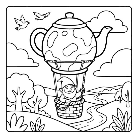 A balloon shaped like a teapot carrying a gnome over rolling hills, coloring sheet