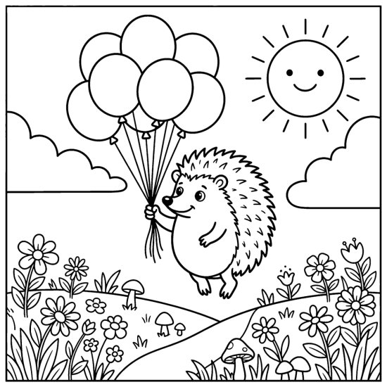 A hedgehog floating up holding balloons over a flowery meadow, bold and easy