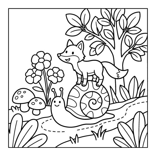 A fox riding a snail shell along a path with flowers and a tree, coloring page