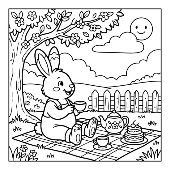 A rabbit at a picnic tea party with a teapot and cake under a tree, coloring sheet