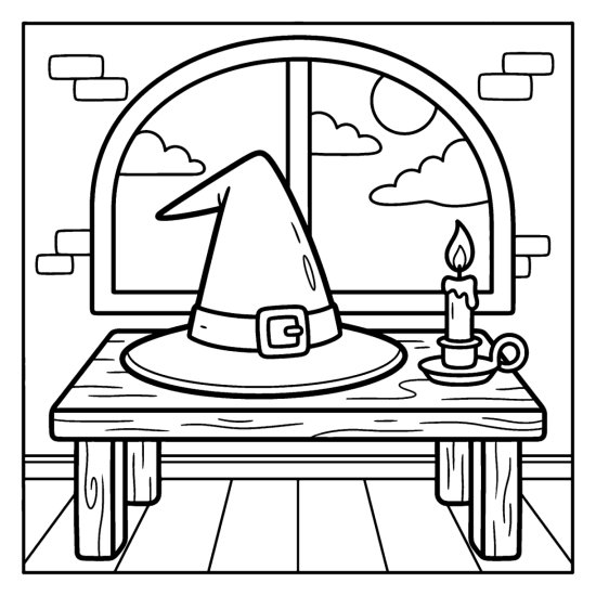 Pointed witch hat with a buckle resting on a wooden table beside a candle and arched window, coloring page