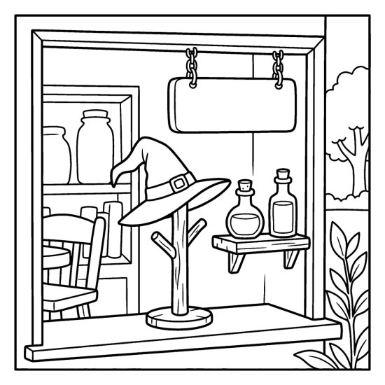Witch hat displayed on a hat stand in a shop window with potion bottles and a blank sign, bold and easy