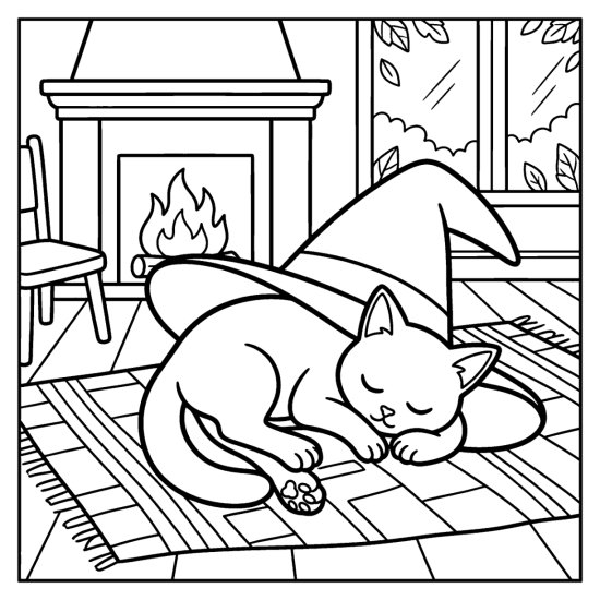 Cat curled asleep inside the brim of a witch hat by a fireplace on a rug, coloring page