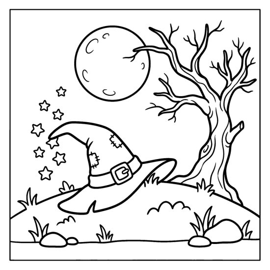 Witch hat lying on a grassy hill with stars spilling out under a full moon, bold and easy