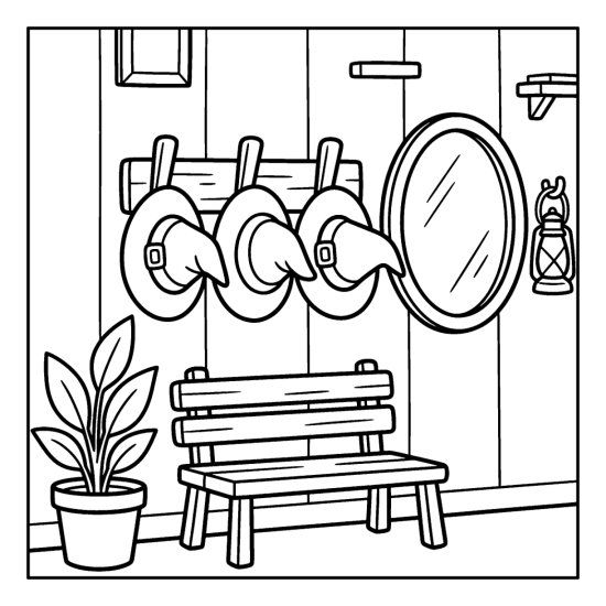 Three witch hats hanging on wall hooks above a bench beside a round mirror, coloring sheet