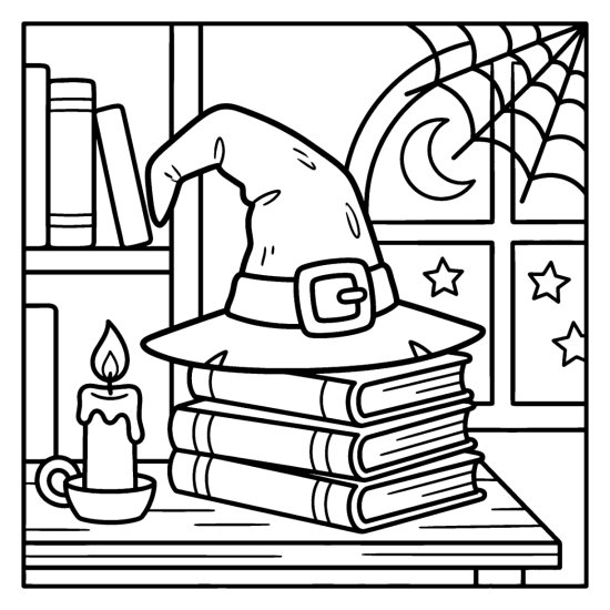 Witch hat resting on a stack of spell books with a candle and cobweb, coloring page