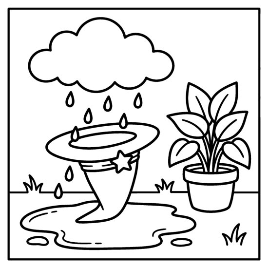 Witch hat tipped to catch raindrops under a cloud with a puddle and potted plant, bold and easy