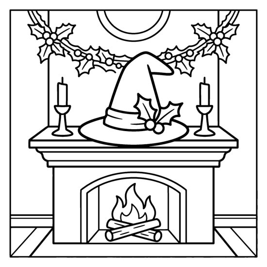 Witch hat with holly resting on a fireplace mantel between two candlesticks under a garland, coloring page
