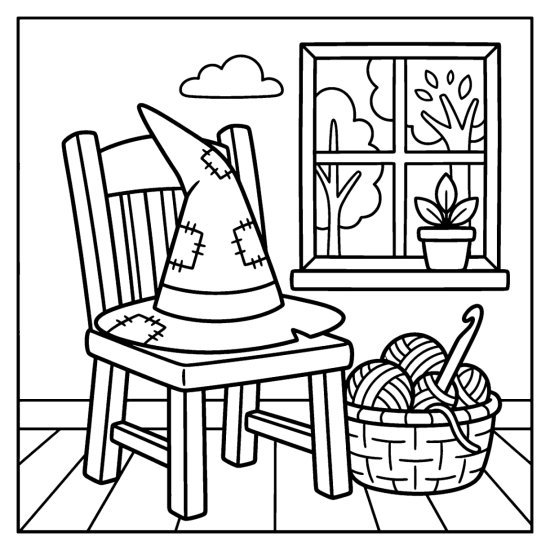 Patched witch hat resting on a wooden chair beside a basket of yarn near a window, coloring sheet