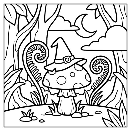 Tiny witch hat perched on a round toadstool in a forest clearing under a crescent moon, bold and easy