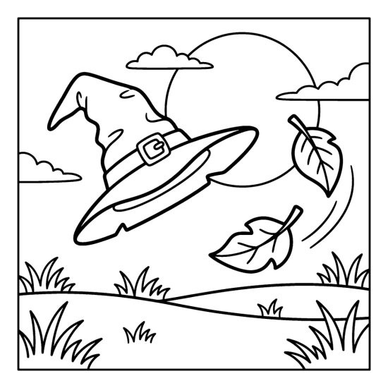 Witch hat tilted in mid air as if blown by wind over a field with falling leaves, coloring page