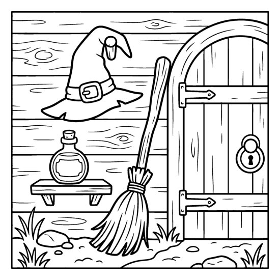Witch hat hanging on a wall peg beside a door with a broom and potion bottle below, coloring sheet