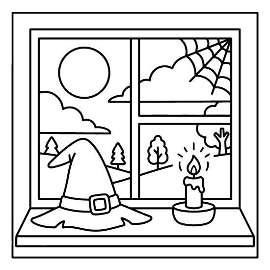 Witch hat on a windowsill beside a candle with a cobweb and full moon outside, coloring sheet