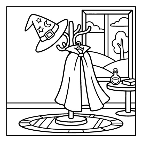 Witch hat hanging on a coat rack with a draped cape beside a tall window, bold and easy