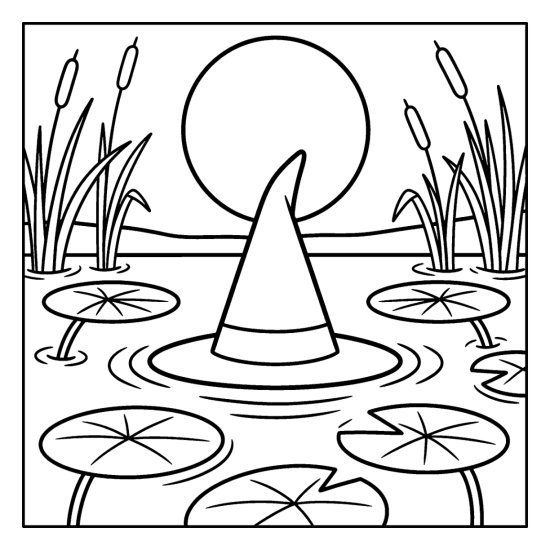 Witch hat floating upright on a still pond among lily pads under a full moon, coloring page