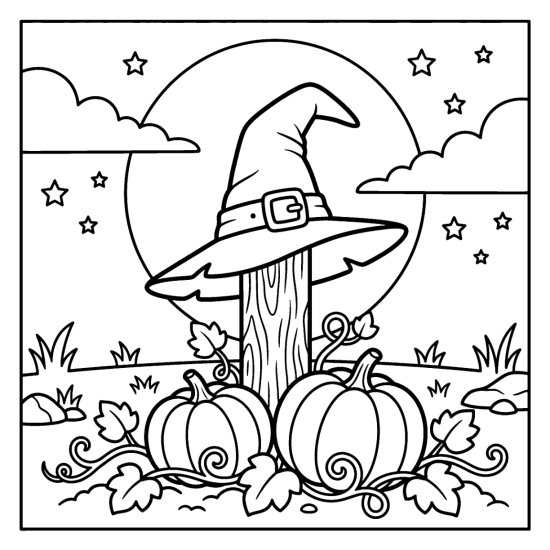 Witch hat sitting on a fence post in a pumpkin patch under a full moon, bold and easy