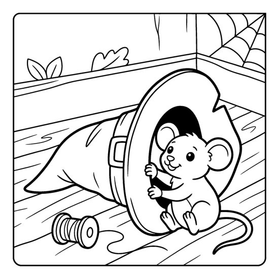 Tipped witch hat with a tiny mouse peeking out beside a spool of thread, coloring sheet