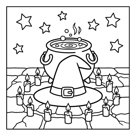 Witch hat ringed by small candles on a stone floor with a cauldron and stars, coloring page