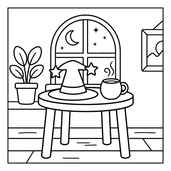 Witch hat topped with a star on a side table beside a steaming mug and window, bold and easy