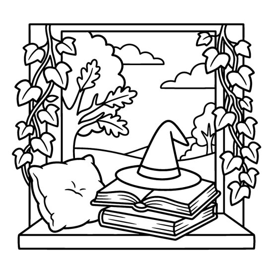 Witch hat resting on an open book on a windowsill framed by ivy, coloring sheet