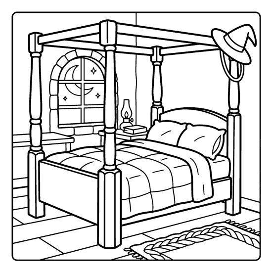 Witch hat hanging on a four poster bedpost in a moonlit bedroom with a quilt, coloring page