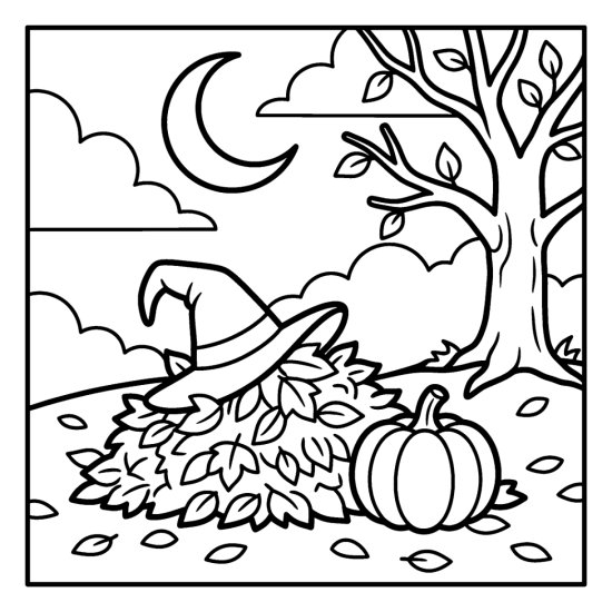 Witch hat half buried in a pile of autumn leaves under a bare tree beside a pumpkin, bold and easy