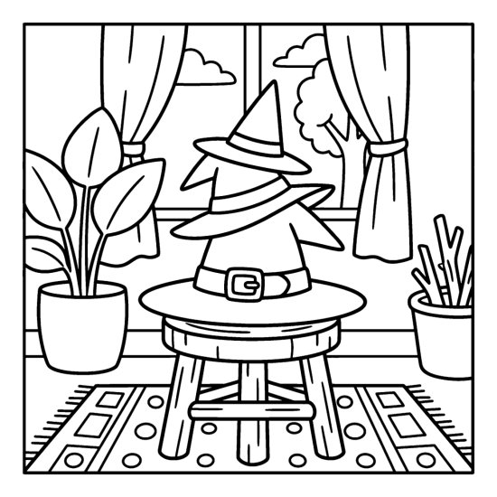 Three stacked witch hats piled on a small stool with plants and a curtained window behind, bold and easy